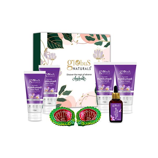 Netmeds | Globus Naturals Kumkumadi Diwali Glow Gift Box-Face Wash 100gm, Face Scrub 100gm, Face Cream 100gm, Face Pack 100gm, Face Serum 30ml 1's
