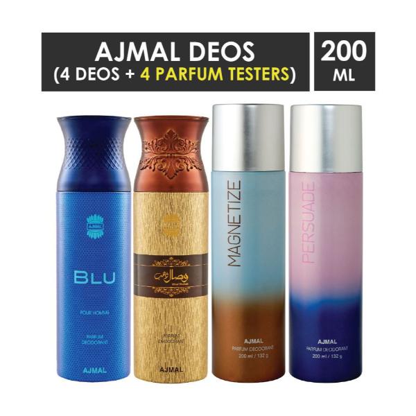 Ajmal 1 Blu Homme For Men, 1 Wisal Dhahab For Men, 1 Magnetize And 1 Persuade For Men & Women High Quality Deodorants Combo (Pack Of 4) 800 ml - Perfumes (Edt/Edp)