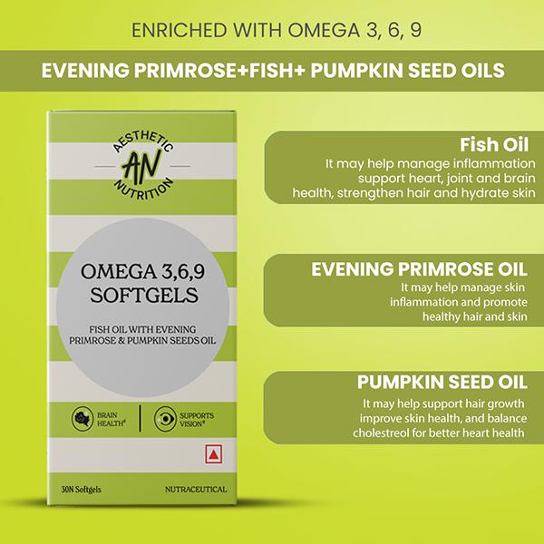 Aesthetic Nutrition Omega 3 6 9 Softgels Triple Omega Formula With Evening Primrose, Fish Oil, And Pumpkin Seed Oil For Heart, Skin 30 Softgels 1's - Omega Fish Oil Fatty Acids