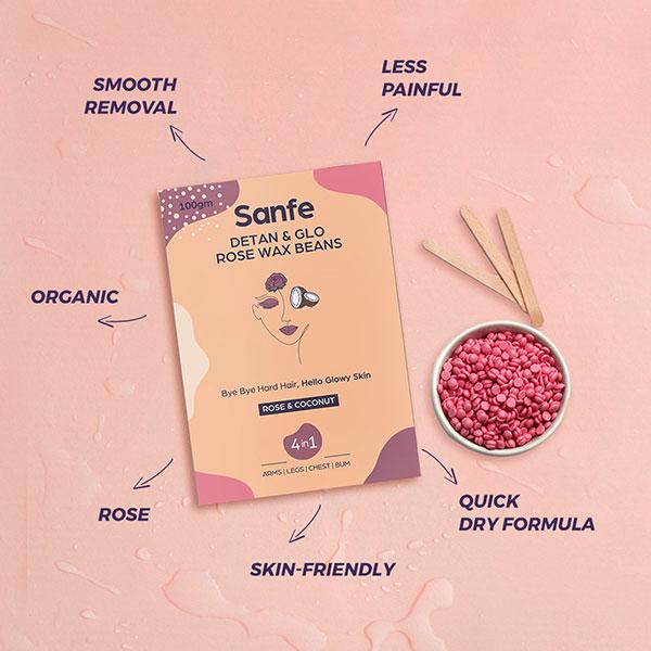 Sanfe Detan & Glo Rose Wax Beans - Rose & Coconut 100 gm - Hair Removal Accessories