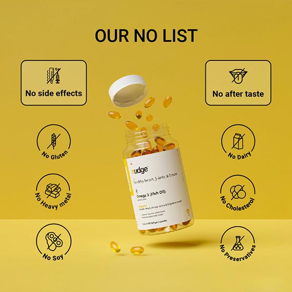 Nudge Wellness Omega 3 Fish Oil Softgel Capsules for Healthy Heart, Joints & Brain 60's - Omega Fish Oil Fatty Acids