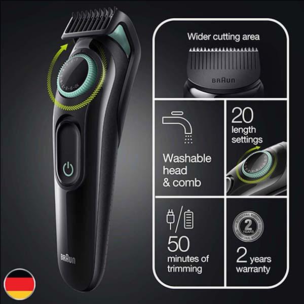 Braun Beard Trimmer 3, BT3321 for Men from Gillette, Hair Clipper, Lifetime Sharp Blades, 20 Length Settings Black and Vibrant Green 310 gm - Grooming Kits