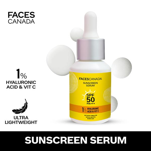Faces Canada Sunscreen Serum, SPF 50+ PA+++, Protects From Uva & UVB Rays, 1% Hyaluronic Acid & Vitamin C 30ml - Face Sunscreen