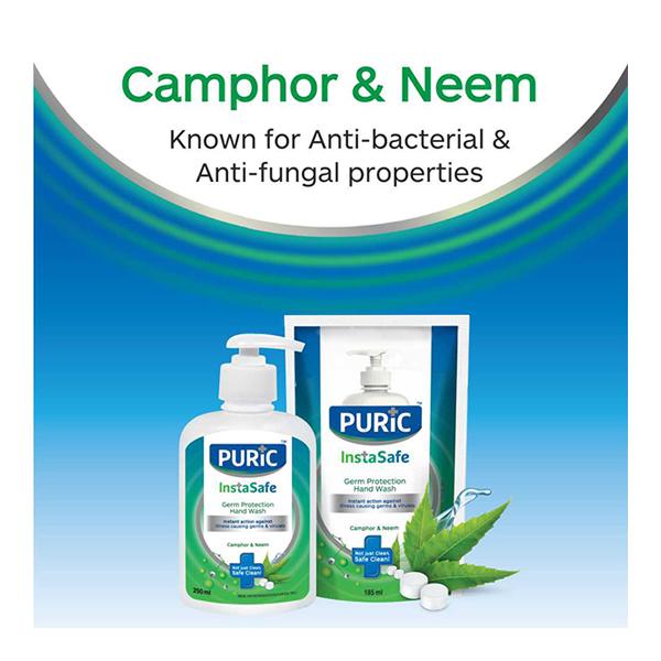 Puric InstaSafe Germ Protection Hand Wash - Camphor & Neem 250 ml (185 ml Refill Free) - Hand Wash & Soaps