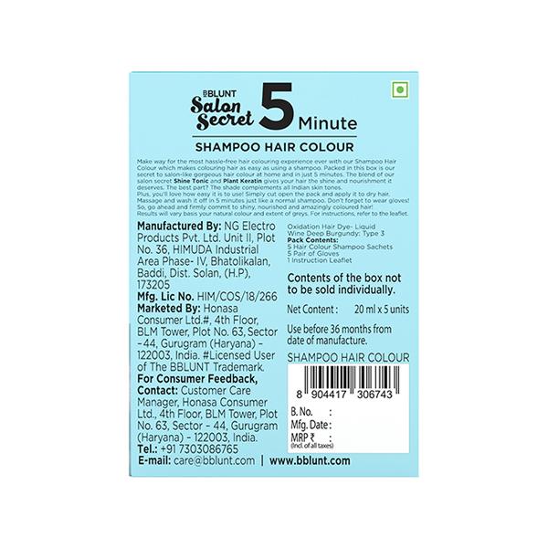 Bblunt Wine Deep Burgundy 5 Minute Shampoo Hair Colour for 100 Percent Grey Coverage 20ml x 5 1's - Sachet/Shampoo