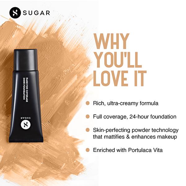 SUGAR Cosmetics Rage For Coverage 24Hr Foundation - 52 Corretto - Tan Yellow Undertone 25 Ml - Foundation