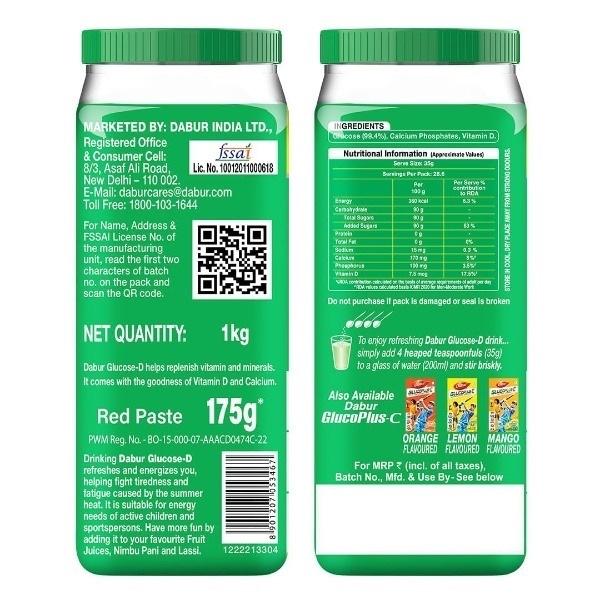 Dabur Glucose - D Powder 1 kg + Free Dabur Red Toothpaste 175 g - Health Products