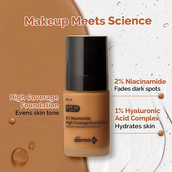 The Derma Co. 2% Niacinamide High Coverage Foundation, 1% Hyaluronic Acid and SPF 40 PA+++ for 12 Hr - 07 Cinnamon 30 gm - Foundation