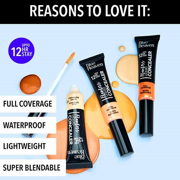 Blue Heaven 12Hr Stay Waterproof, Lightweight Flawless Liquid Concealer - Cream 201 17ml - Concealer