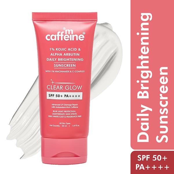 Netmeds | Mcaffeine Clear Glow 1% Kojic Acid and Alpha Arbutin Brightening Sunscreen SPF 50 PA++++ 50 ml