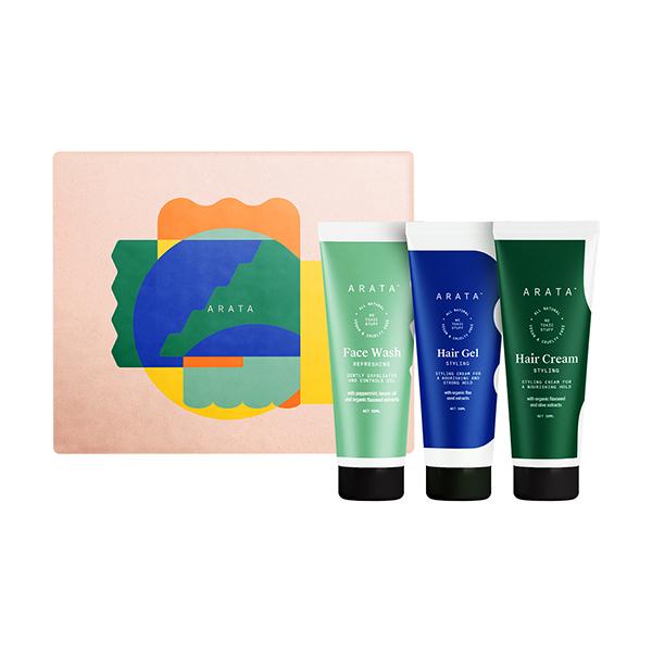Arata Natural Mini Hair Styling & Face Care Ready To Go Gift Box with Hair Gel (50 Ml), Hair Cream (50 Ml), Facewash (50 Ml) 150 ml - Hair Gels & Waxes