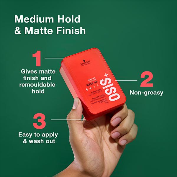 Schwarzkopf Professional OSiS+ Mess Up Hair Styling Matte Paste,Easy to Mould,Easy to apply and Wash, Vegan, Medium Hold, Dry and Non-Greasy, Matte finish, Pomade 100 ml - Hair Gels & Waxes
