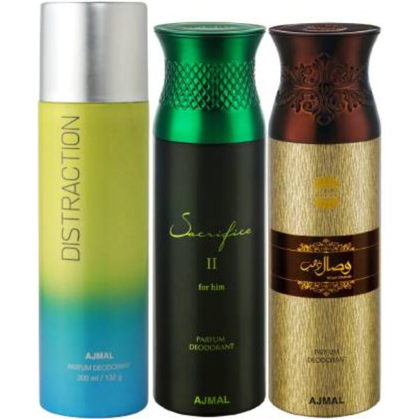 Ajmal 1 Distraction For Men & Women, 1 Ajmal Sacrifice II For Him For Men And 1 Wisal Dhahab For Men High Quality Deodorants Each Combo (Pack Of 3) 600 ml - Perfumes (Edt/Edp)