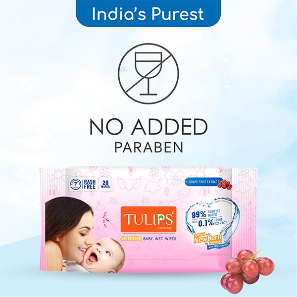 Tulips Sensitive Baby Wet Wipes Grape Fruit Extract Special newborn formula with Moisturizer 20's - Diapers & Wipes