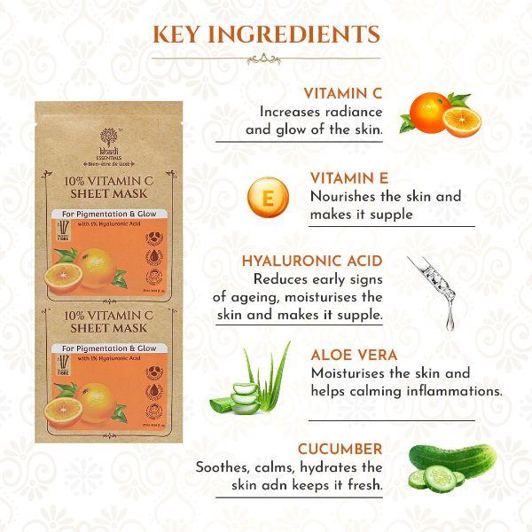 Khadi Essentials Ayurvedic Vitamin C & Hyaluronic Acid Serum Sheet Mask For Spot Removal & Hydrated Skin (Pack of 3) 100 gm - Sheet Masks