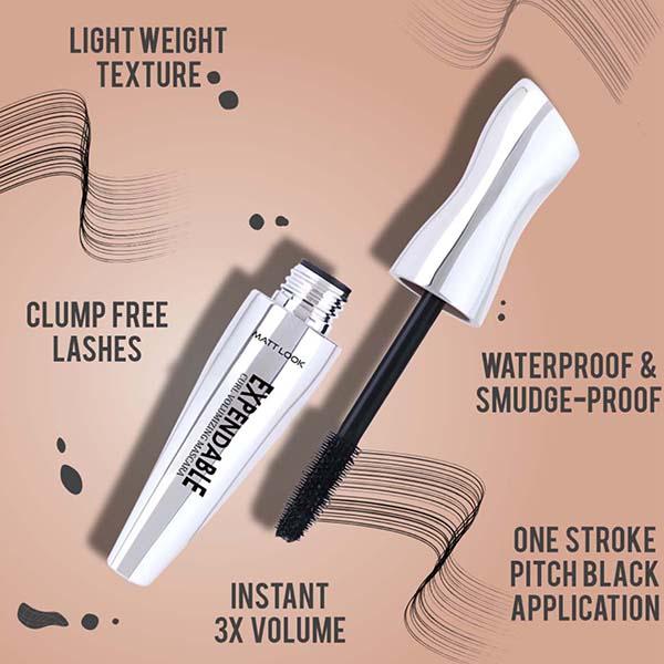 Matt Look Expendable Curl Volumizing Mascara, Instant 3X Volume, Clump- Free Lashes-Black 12.5 ml - Mascaras