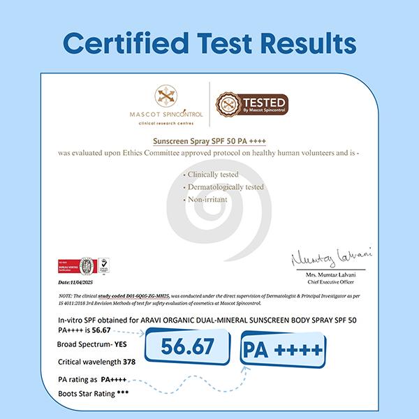 Aravi Organic Dual Mineral Sunscreen Body Spray with Zinc Oxide & Titanium Dioxide 100 ml - Face Sunscreen