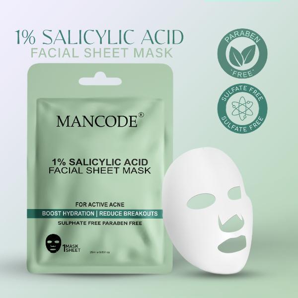 Mancode 1% Salicylic Acid Facial Sheet Mask For All Skin Types 25 gm - Face Mask