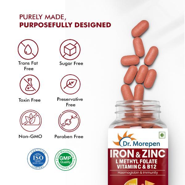 Dr. Morepen Iron & Zinc with Vitamin C & B12 Tablet 60's - Calcium And Minerals