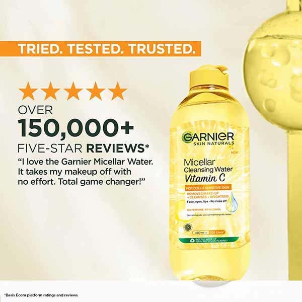 Garnier Vitamin C Micellar Cleansing Water, Gentle Cleanser For Bright Skin, Remove 100% Dirt 400 ml - Face Wash & Cleansers