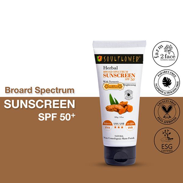 Soulflower Herbal Broad Spectrum SUNSCREEN SPF 50+ with Turmeric - SPF 50+ PA+++ 100 gm - Face Sunscreen