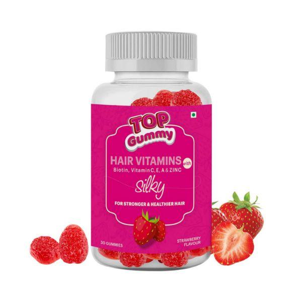 Netmeds | Top Gummy Hair Vitamins with Biotin, Vitamin C, E, A & Zinc for Gorgeous Hair Strawberry Flavor Gummies 30's