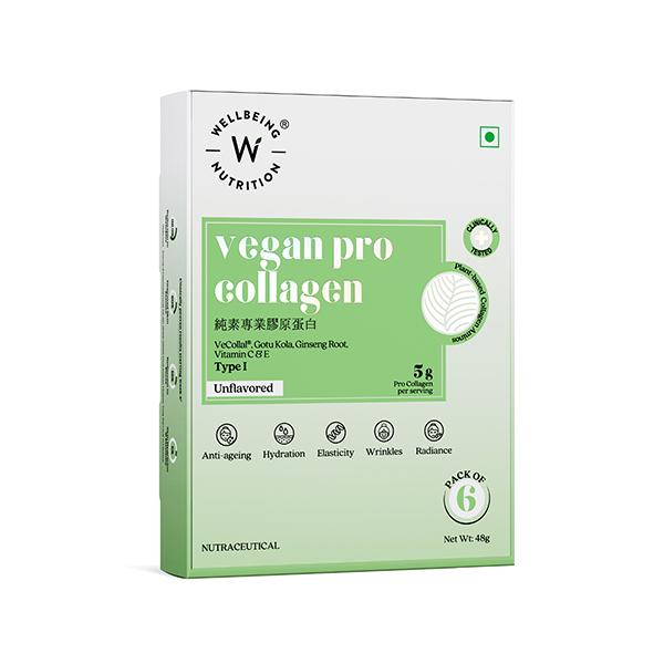 Wellbeing Nutrition Vegan Pro Collagen, Clinically Proven Peptides Gotu kola, Ginseng, Vitamin C & E - Unflavored 6 Sachets 48 gm - Multi-Vitamins