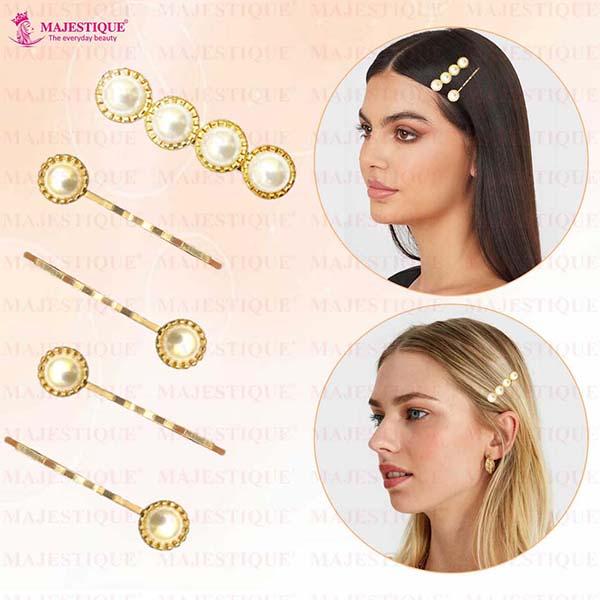 Majestique Stylish Pearl Golden Hair Pins, Metal Korean Fancy Accessories, Kids, Girls, Women 5's - Hair Clips/Bands