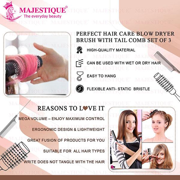 Majestique Two Blow Dry Hair Roller Brushes and Tail Comb, Blowout Hair Styling 3's - Hair Brushes