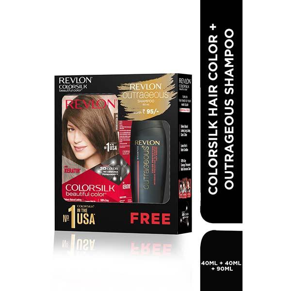 Netmeds | Revlon Colorsilk Hair Color with Keratin 3D Color No Ammonia - 4N Medium Brown + Outrageous Shampoo 90ml (91.8ml + 90ml) 1's