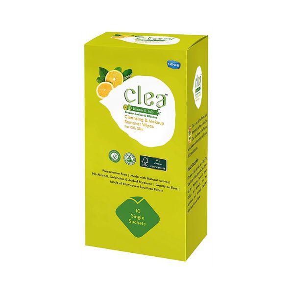 Clea Cleansing & Makeup Remover Wet Wipes (Lemon & Tulsi) (10's Sachets/Pack) 1's - Make Up Removers