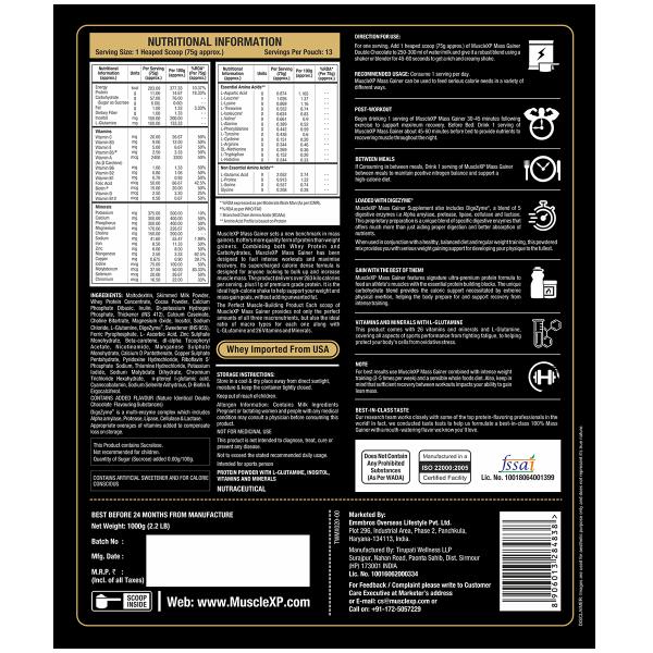 MuscleXP Mass Gainer - Double Chocolate (Pack of 2 x 1 kg) - Weight Gain
