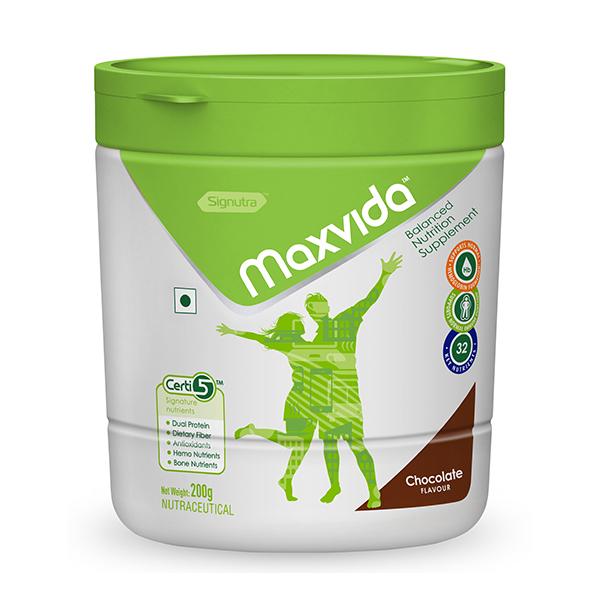 Netmeds | Maxvida Balanced Nutrition Supplement Powder Jar - Chocolate Flavour 200 g