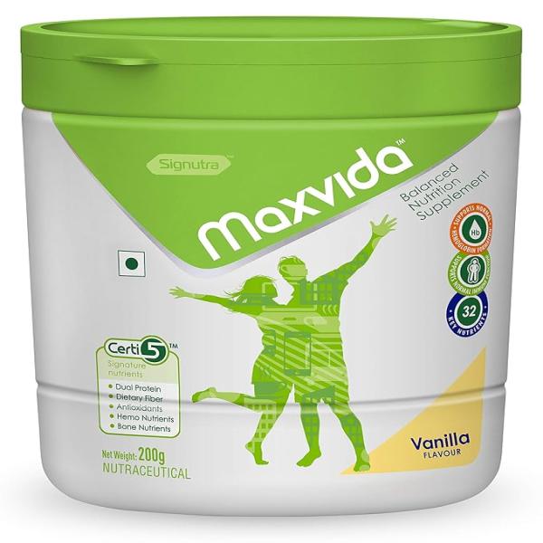 Netmeds | Maxvida Wholesome Daily Nutrition For Adults Jar - Vanilla Flavour 200 gm (se)