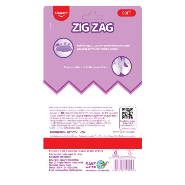 Colgate Zig Zag+ Anti-Bacterial Toothbrush - Soft (Pack of 6) - Toothbrushes