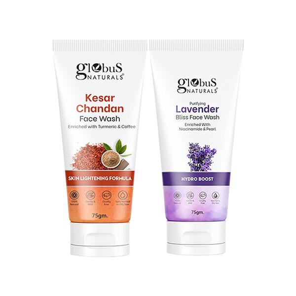 Globus Naturals Face Care Combo - Skin Lightening Kesar Chandan, Hydro Boost Lavender Face Wash 75gm each 2's - Face Wash & Cleansers