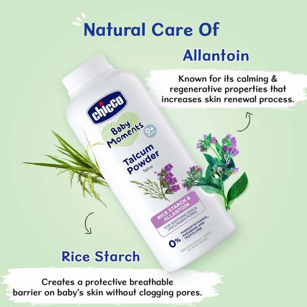 Chicco Baby Moments Talcum Powder (0+ Months) - Rice Starch & Allantoin 150 gm - Baby Grooming