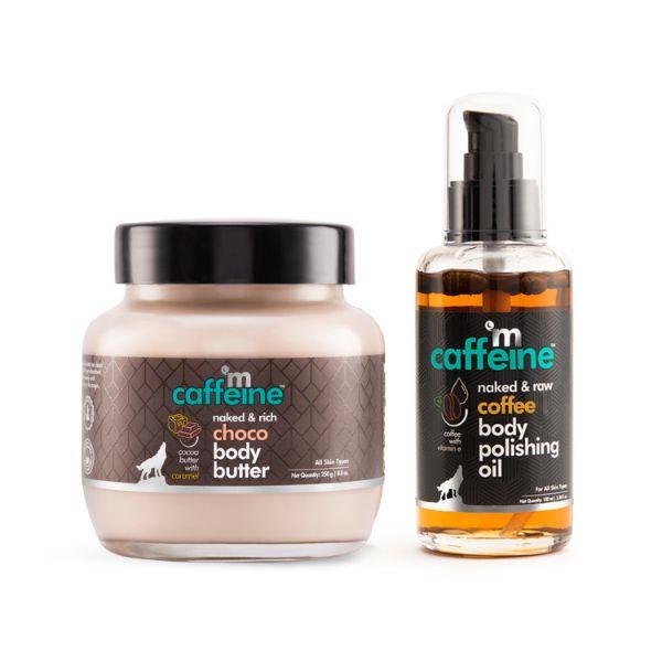 Netmeds | mCaffeine Pre & Post Shower Moisturization Routine Coffee Body Massage Oil & Choco Body Butter 350 gm