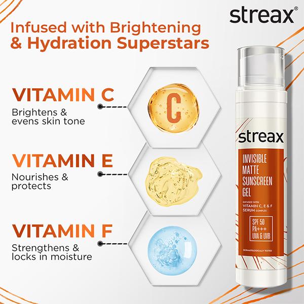 Streax Invisible Matte Gel Sunscreen SPF 50 PA+++, spf 50 , dry skin & combination skin 50 g - Face Sunscreen