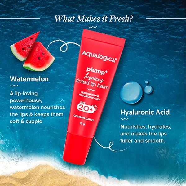 Aqualogica Crimson Candy Plump + Luscious Tinted Lip Balm With Watermelon And Hyaluronic Acid 10 gm - Lip Balms