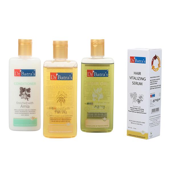 Netmeds | Dr. Batra's Hair Care Kit (Hair Oil 200 ml, Shampoo 200 ml, Conditioner 200 ml & Hair Vitalizing Serum 125 ml)