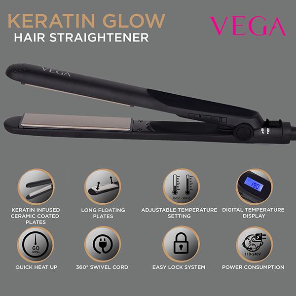 VEGA Keratin Glow Hair Straightener With Temperature Control and Ceramic Coated Long Floating Plates (VHSH-21) Black 1 gm - Straighteners