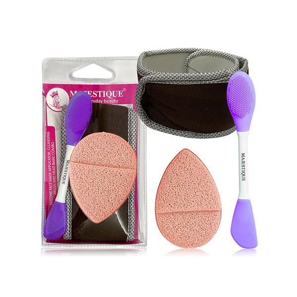 Netmeds | Majestique Facial Head Band, Dual Sided Silicone Brush with Makeup Remover Sponge - Multicolor 1's
