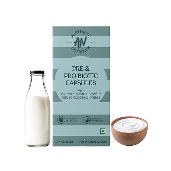 Netmeds | Aesthetic Nutrition Pre and Probiotic Capsules With Fructo-Oligosaccharides, Bifidobacterium, And Streptococcus Thermophilus 30 Capsules 1's