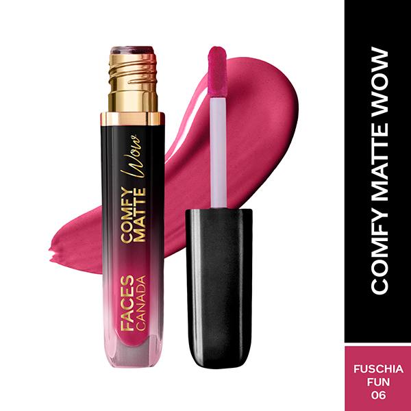 Netmeds | Faces Canada Comfy Matte Wow Liquid Lipstick - Fuschia Fun 06, One Swipe Application 3.8 ml