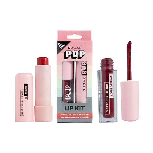 SUGAR POP Matte Lipcolour - 04 Raspberry + Nourishing Lip Balm - 02 Cherry Lip Kit 10 gm