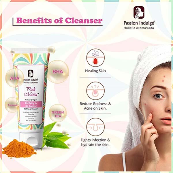 Passion Indulge Pink Mania Face Cleanser for Purifying and Oil Control Face with Aha Bha Acid All Skin Types 100 ml - Face Wash & Cleansers