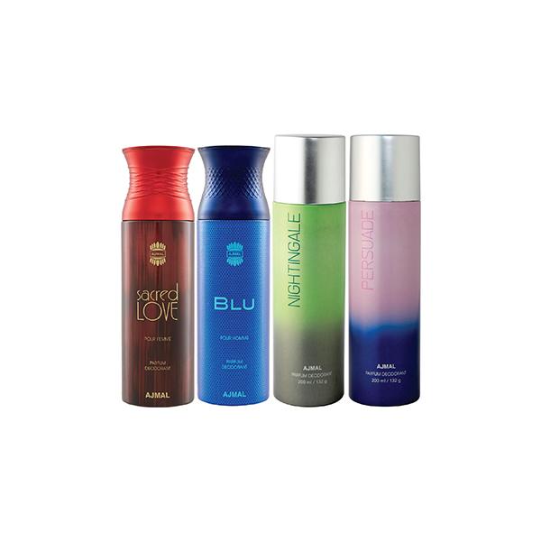 Netmeds | Ajmal 1 Sacred Love, 1 Blu Homme, 1 Nightingale And 1 Persuade Deodorants Pack of 4 200 ml