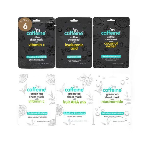 Netmeds | mCaffeine Hydrating & Clarifying Face Sheet Masks with Green Tea & Coffee - Value 120g 6's