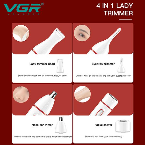 VGR V725 4in1 Women Grooming Kit for Face Legs Underarms Bikini Eyebrow Ear and Nose Trimmer 1s 1's - Hair Removal Accessories